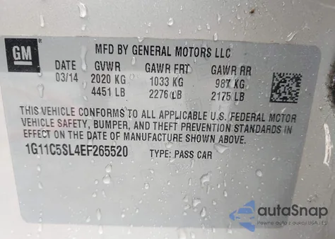 2014 Chevrolet Malibu 1Lt from USA, damaged, VIN 1G11C5SL4EF265520